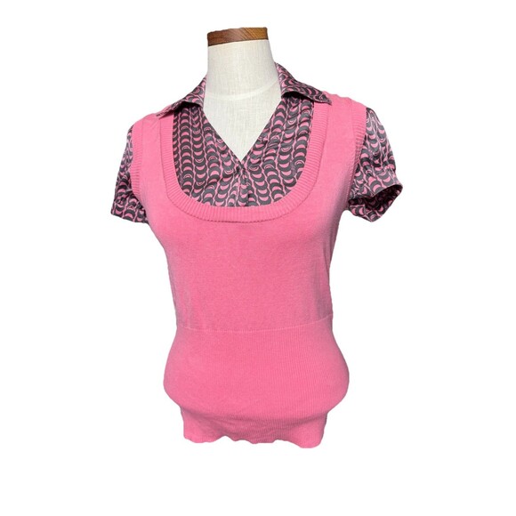 Y2K Bebe Geometric Silk Sweater Top Pink Office Siren Preppy Medium GUC - Picture 1 of 8